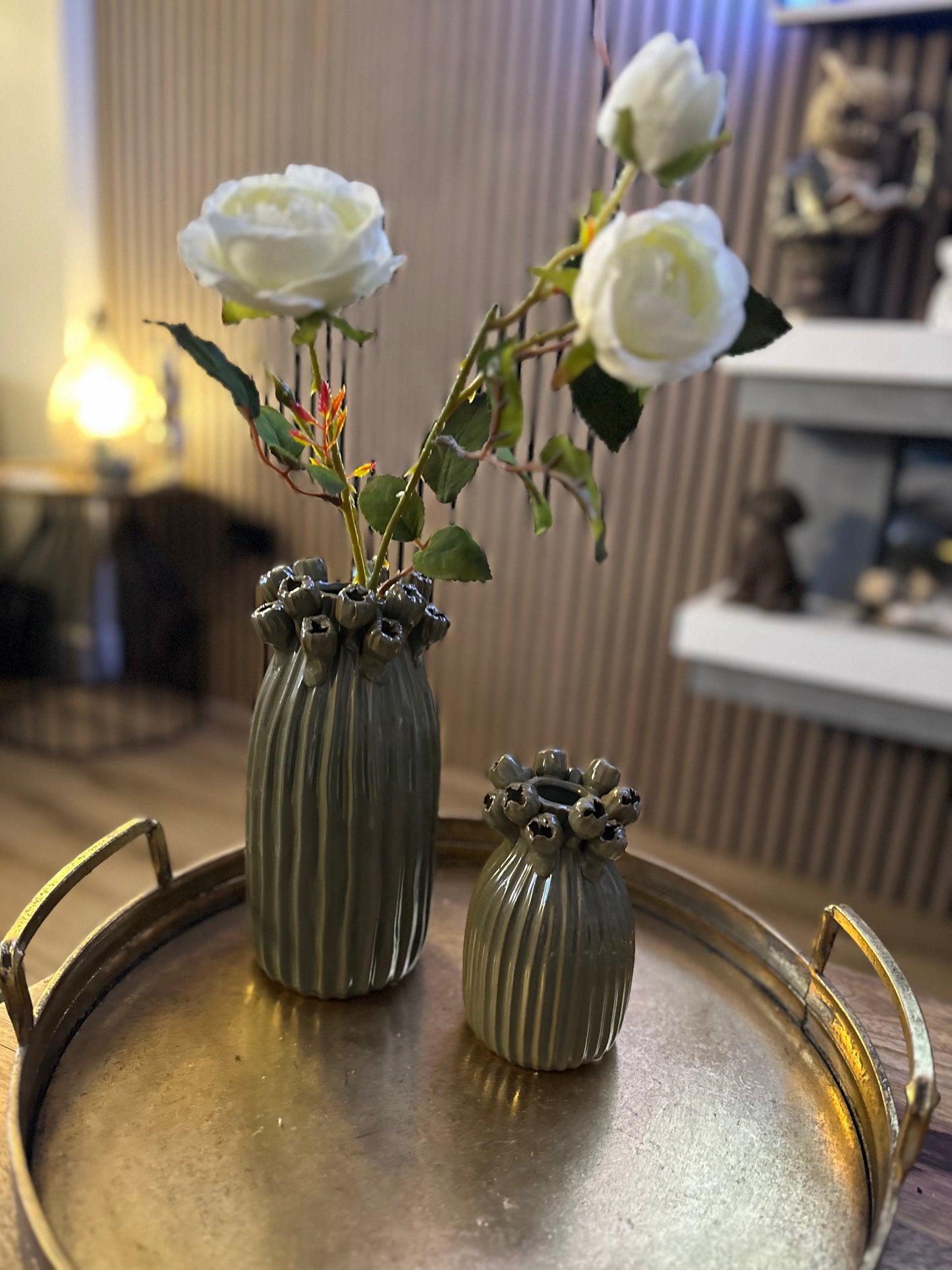 Porcelain Vase 15cm - Green Seed Head Applique