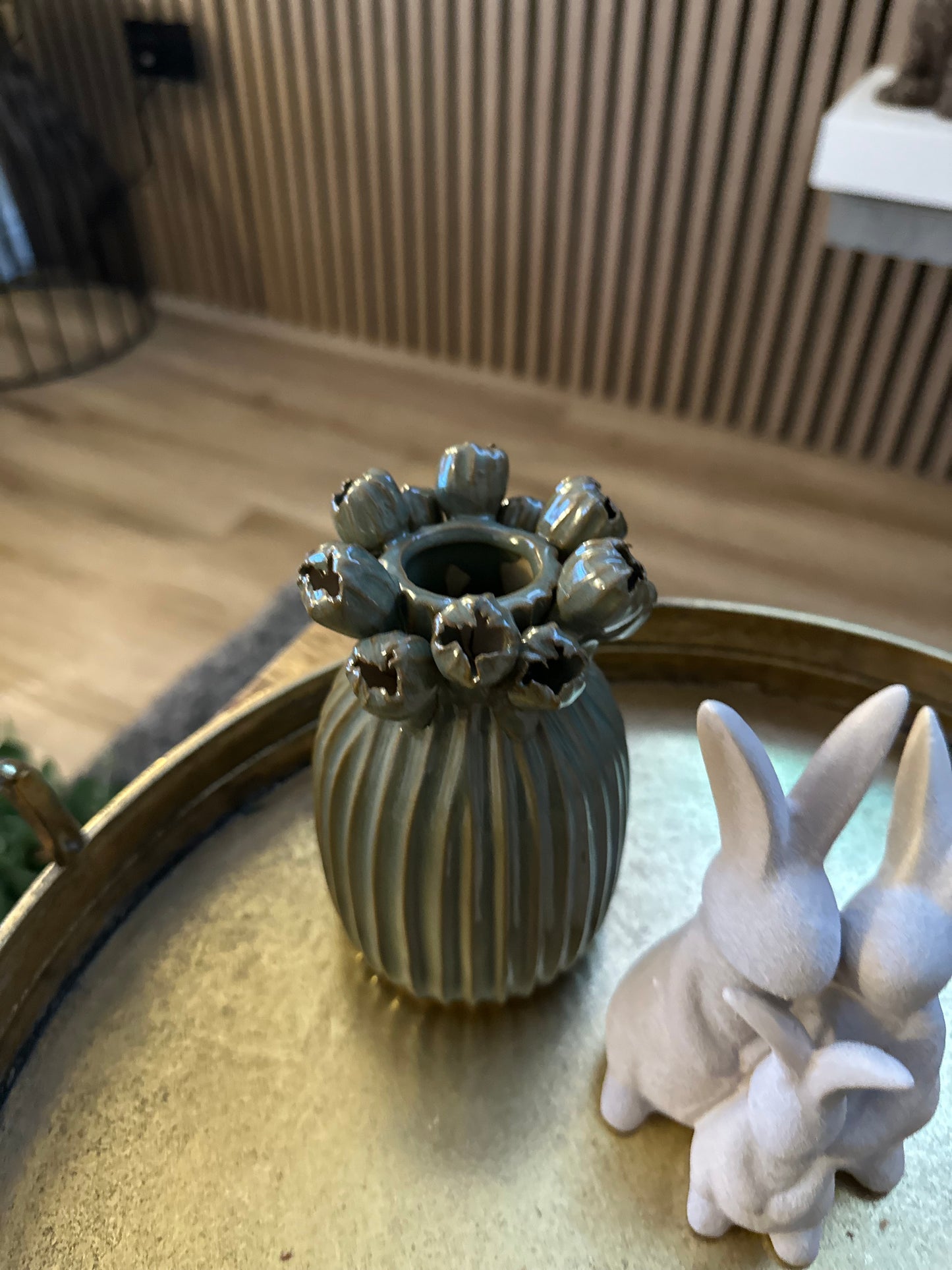 Porcelain Vase 15cm - Green Seed Head Applique