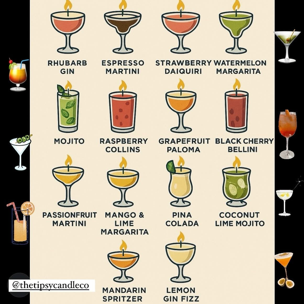 Tipsy Candle Cocktail Style ~ 35hrs Burn Time Mojito Strawberry Daiquiri 14 to Choose from