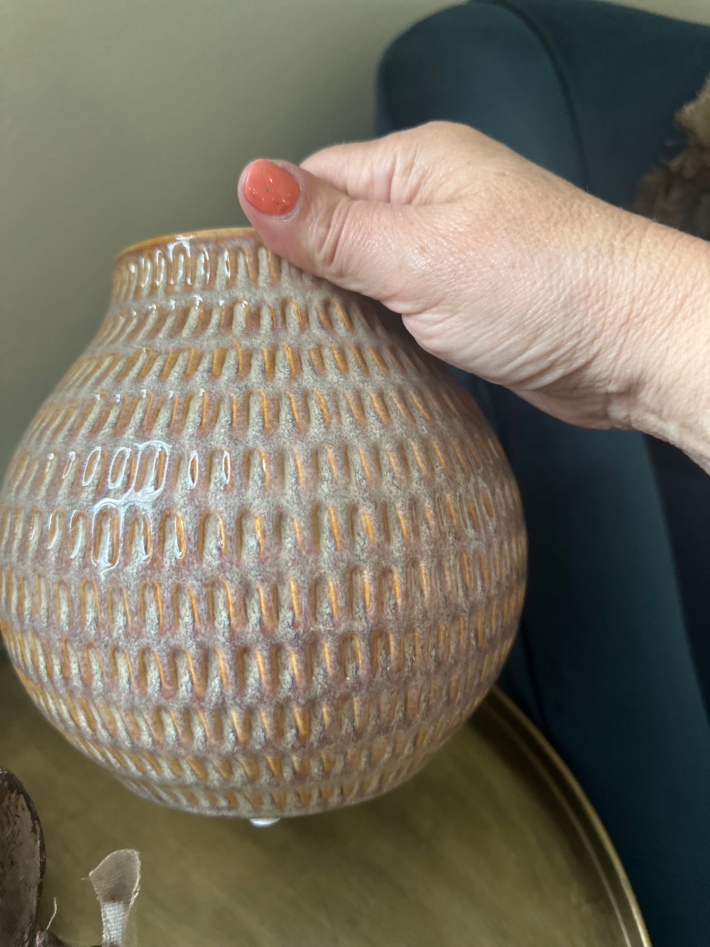 Ceramic Textured Bulbous Style Vase with Unique Brown Patterned Design