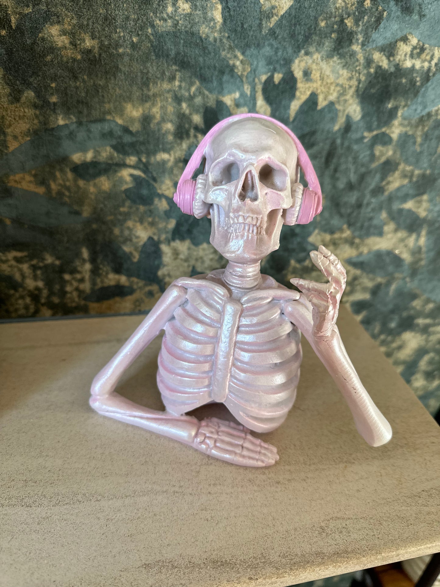 Pink Resin Quirky Skeleton with Headphones