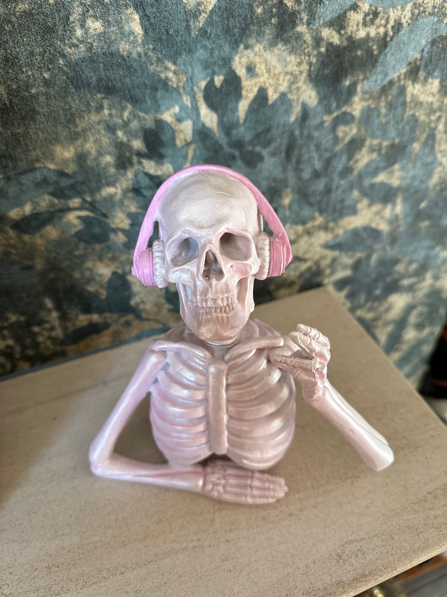 Pink Resin Quirky Skeleton with Headphones