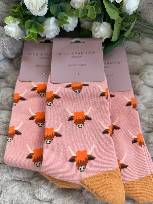 Miss Sparrow Highland Cow Design Socks