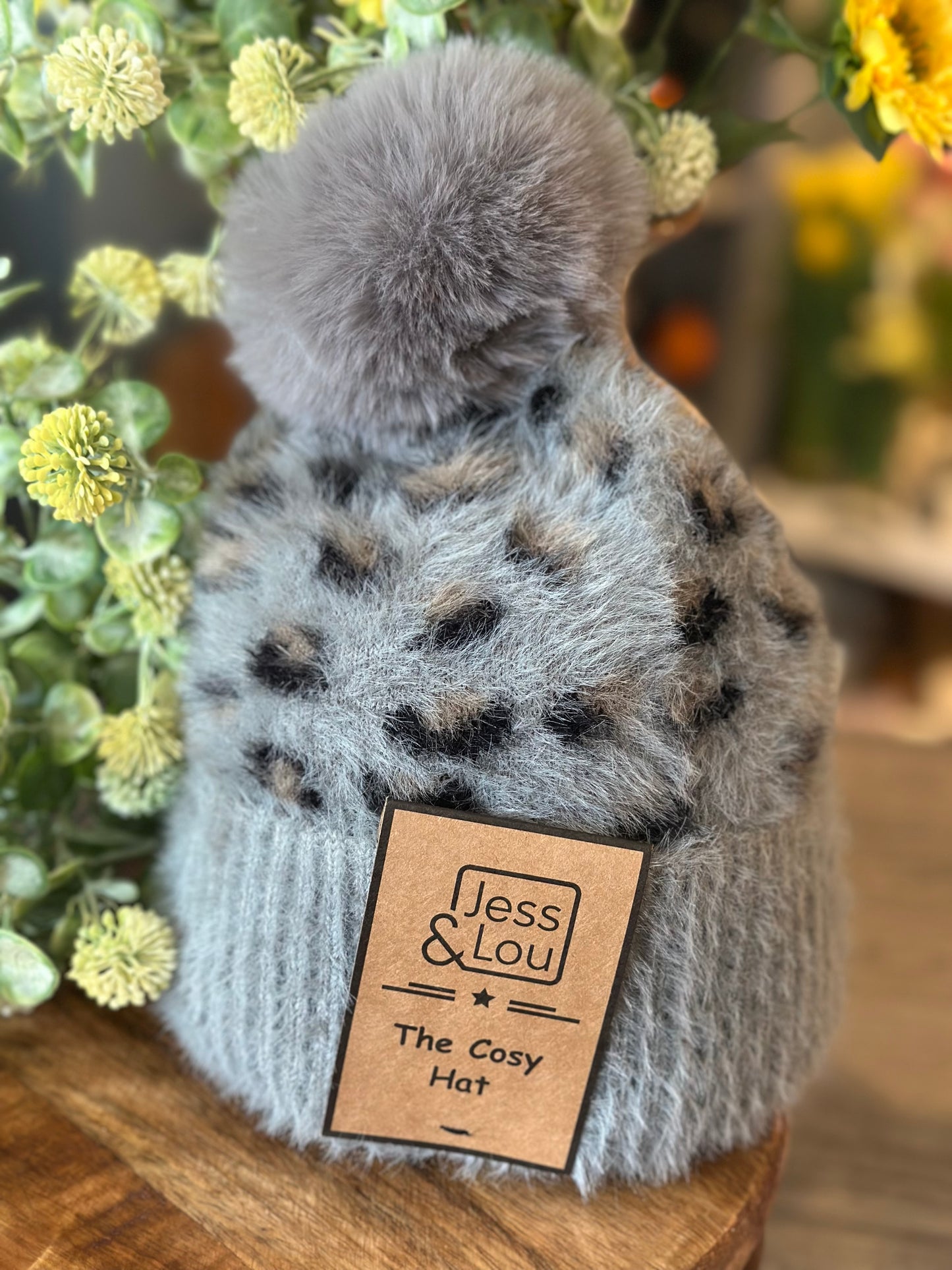 Jess & Lou Fluffy Leopard Print Bobble Hat Super Soft Available in 4 Colours