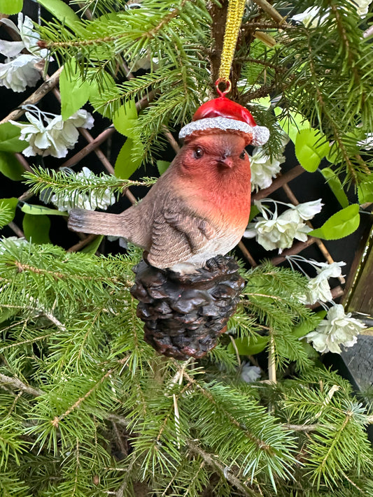 Decorative Christmas Hanging Robin on a Pinecone