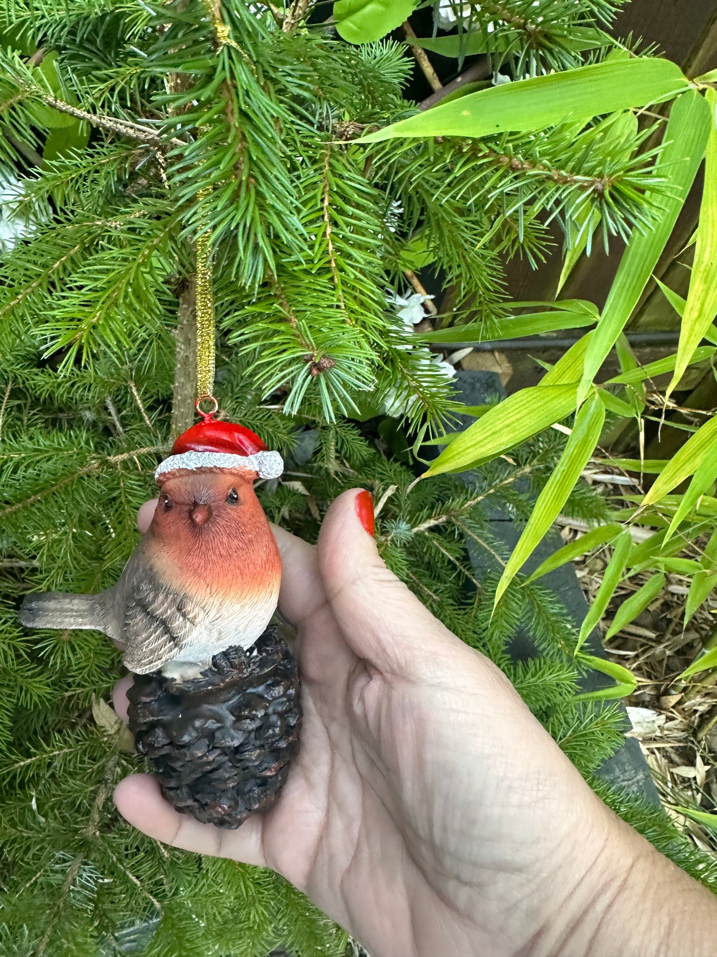 Decorative Christmas Hanging Robin on a Pinecone