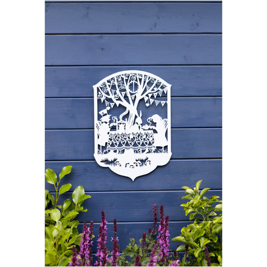 White Metal Wall Plaque Alice Tea Party
