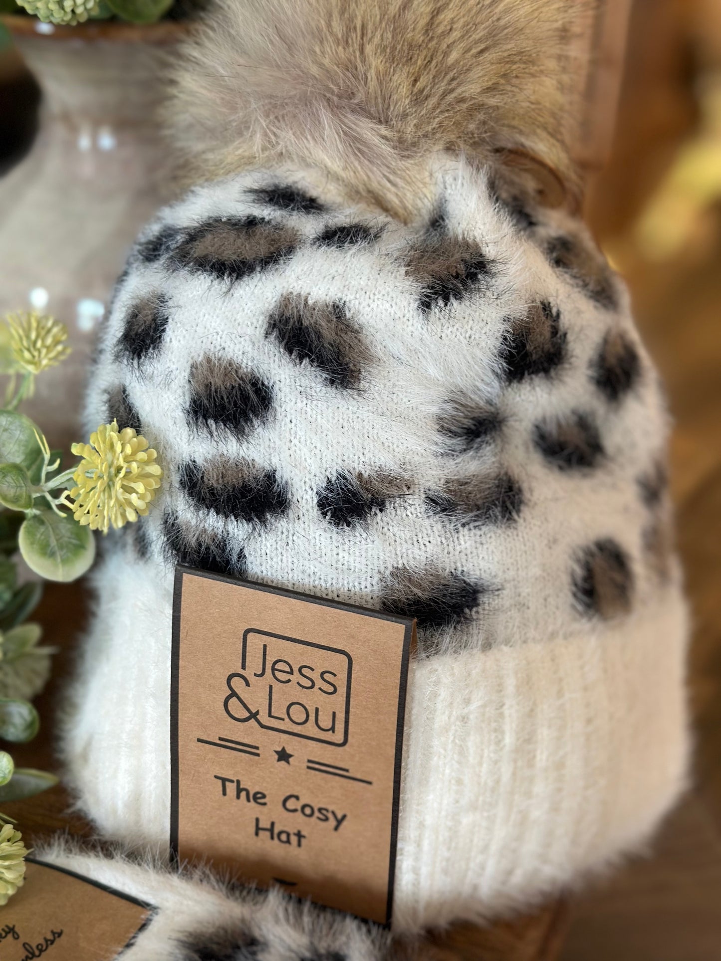 Jess & Lou Fluffy Leopard Print Bobble Hat Super Soft Available in 4 Colours