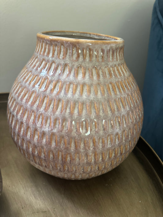 Ceramic Textured Bulbous Style Vase with Unique Brown Patterned Design
