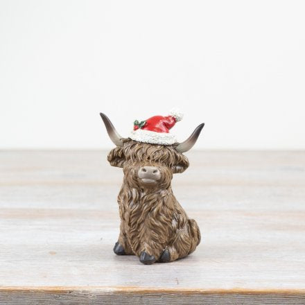 Christmas Decorative Highland Cow with Santa Hat