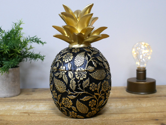 Black & Gold Decorative Pineapple (Lid comes Off)