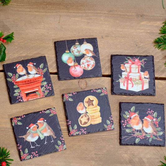 Slate Christmas Robin Coasters ~ Choice of 6