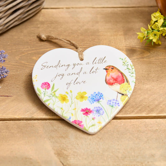 Robin Sending You a Lot Of Love  raised pattern ceramic hanging heart