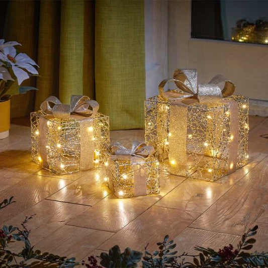 Gold Weave Light Up Set of 3 Boxes