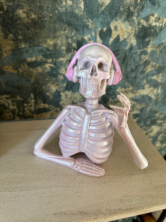 Pink Resin Quirky Skeleton with Headphones